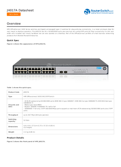 Switch HPE 1420 24G 24 Puertos GigaBit 2 SFP JH017A - PDF