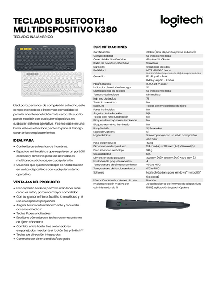 Teclado Logitech Bluetooth Blanco K380s - PDF