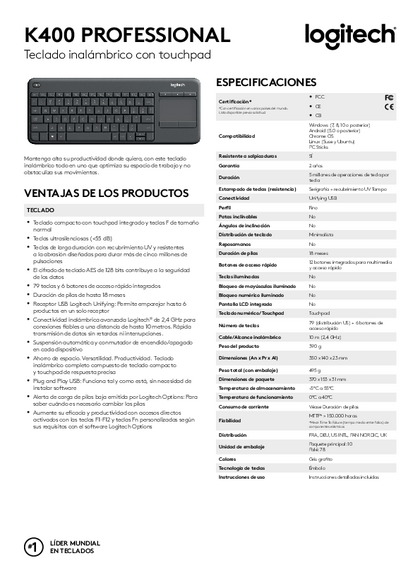 Teclado Logitech Bluetooth K400 Plus con TouchPad - PDF