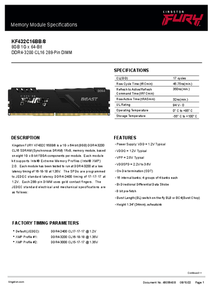 Memoria DDR4 Kingston 8GB Fury Beast 3200MHZ KF432C16BB/8 - PDF