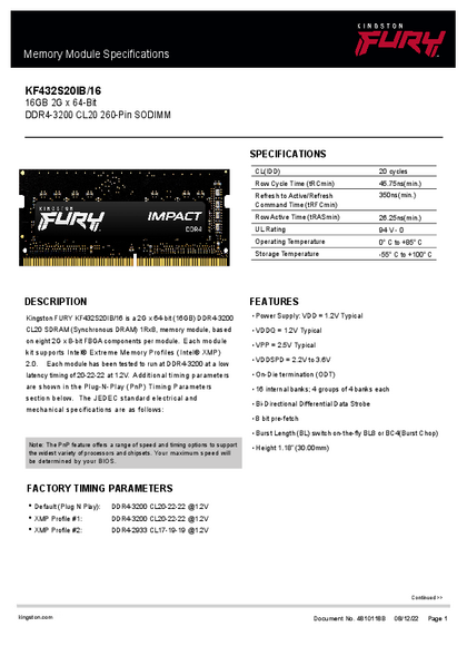 Memoria DDR4 SODIMM Kingston 16GB 3200Mhz KF432S20IB/16 - PDF