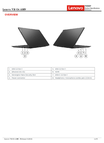 Notebook Lenovo V15 G4 Ryzen 3 8GB 512SSD FreeDos 82YU00XRAR - PDF