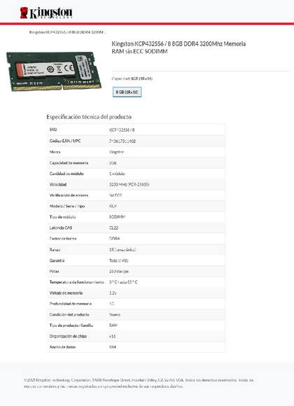 Memoria DDR4 SODIMM Kingston 8GB 3200Mhz KCP432SS6/8 - PDF