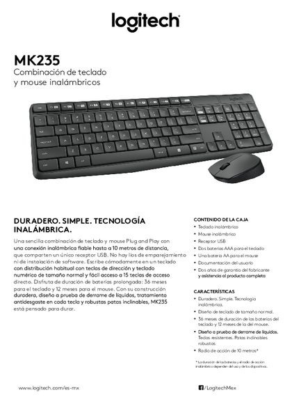 Kit Logitech Teclado y Mouse USB Inalámbrico MK235 - PDF