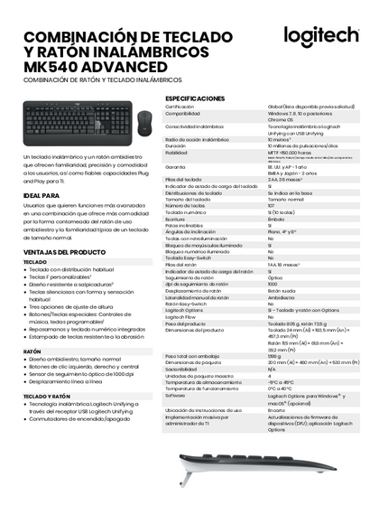 Kit Logitech Teclado y Mouse USB Inalámbrico MK540 - PDF