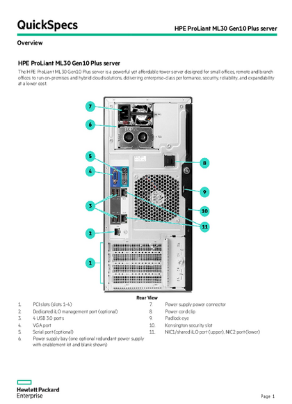 Servidor HPE ML30 Gen 10+ E‑2314 16GB 350W 1TB - PDF