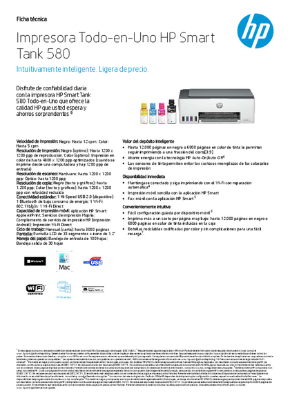 Impresora HP Smart Tank 580 1F3Y2A Multifunción - PDF