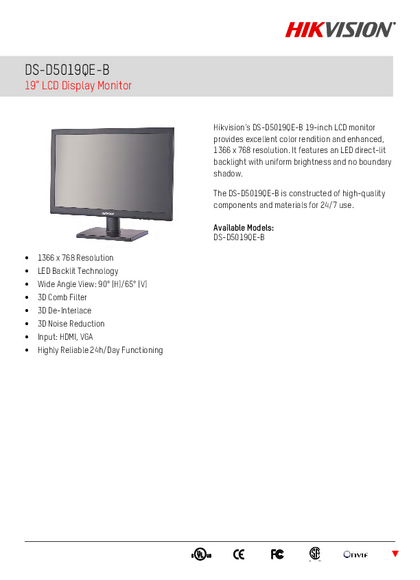 Monitor Hikvision 19'' DS-D5019QE-B VGA/HDMI - PDF