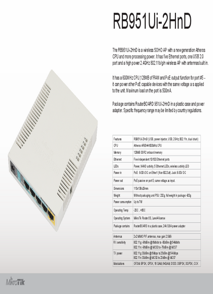 Router Mikrotik RB951UI-2HND - Ficha técnica