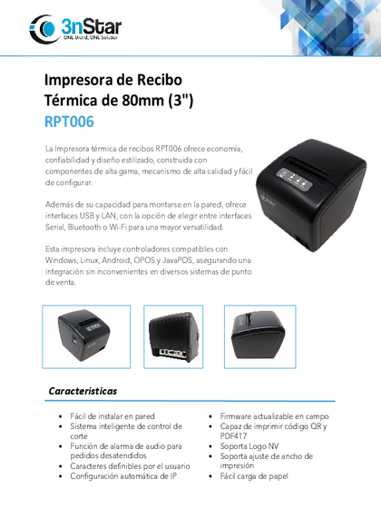 Impresora Térmica 3nStar USB + Ethernet - PDF