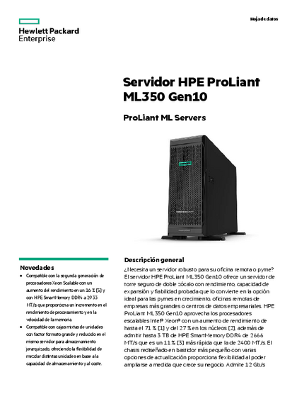 Servidor Hpe Ml350 G10 4210r 16gb No Hdd Torre - Ficha técnica