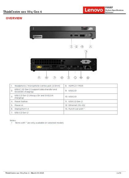 PC Lenovo Neo 50q Tiny Gen4 I5-13420H 8GB SSD256 12LM0003AS - PDF