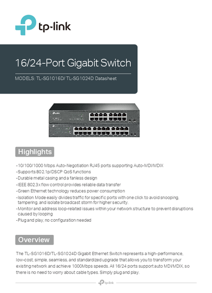 Switch Tp-Link 24 puertos Gigabit TL-SG1024D - PDF