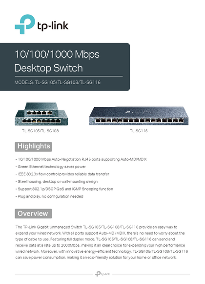 Switch TP-Link TL-SG108 Serie Gigabit - PDF