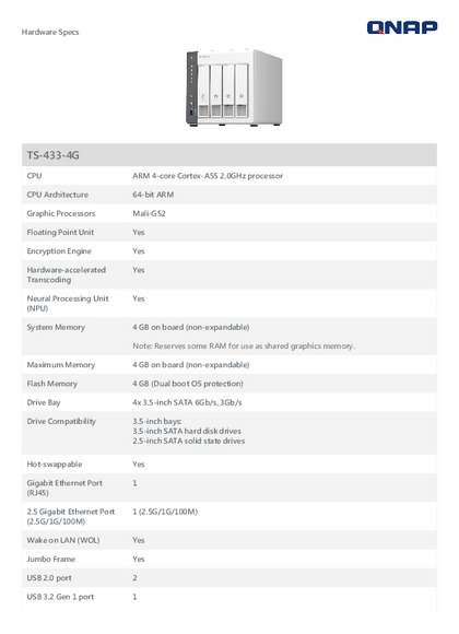 Storage Qnap TS-433-4G-US 4 Core 2Ghz 4GB DDR4 4 Bahías - PDF